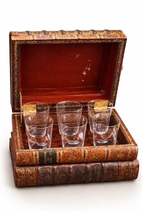 Cave à liqueur en trompe-l’œil en forme de livres – verres en cristal Baccarat