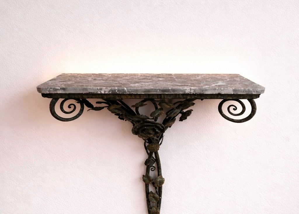 Small Wall Console In Wrought Iron - Rose Décor - Marble Top-photo-3