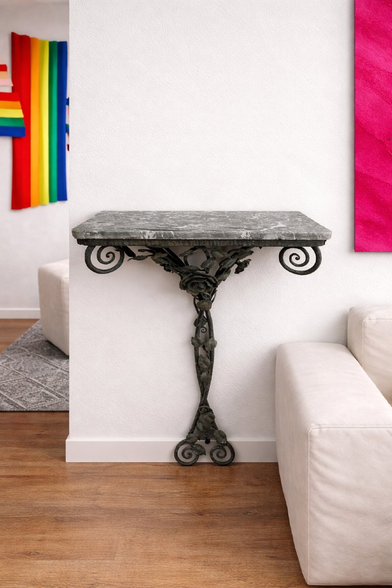Small Wall Console In Wrought Iron - Rose Décor - Marble Top-photo-4