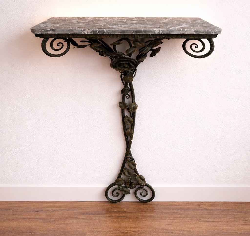 Small Wall Console In Wrought Iron - Rose Décor - Marble Top