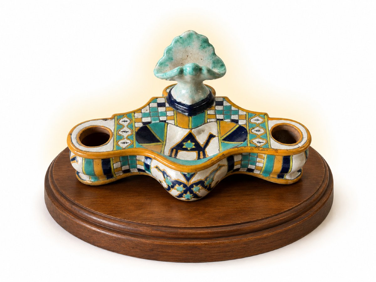 Polychrome Ceramic Inkwell From The Tissier Factory In Nabeul