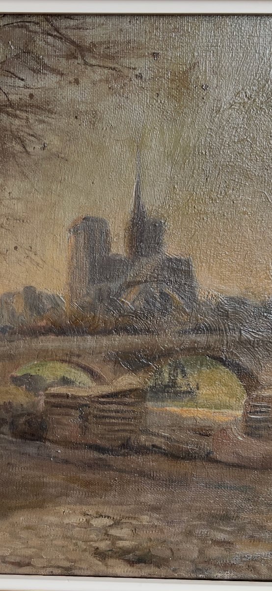 Vue De Notre-dame Sous La Brume, Paris, 1920 Oil On Canvas Signed Hentong, école De Paris-photo-3