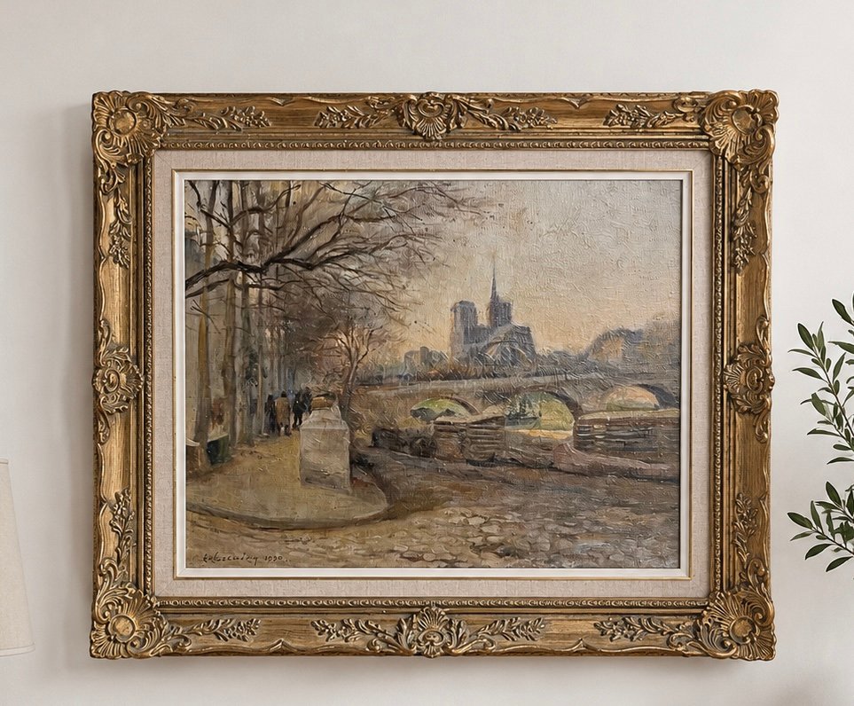 Vue De Notre-dame Sous La Brume, Paris, 1920 Oil On Canvas Signed Hentong, école De Paris