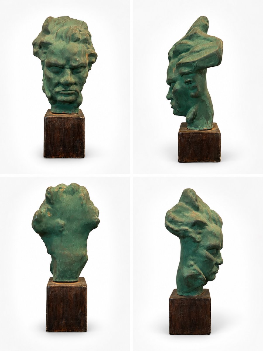 Beethoven's Head - Art Deco Sculpture In Terracotta With Green Patina-photo-2