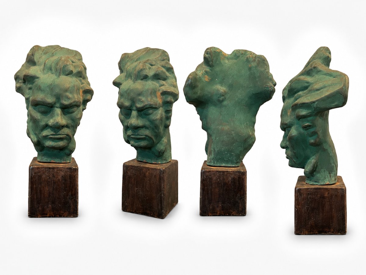 Beethoven's Head - Art Deco Sculpture In Terracotta With Green Patina-photo-3