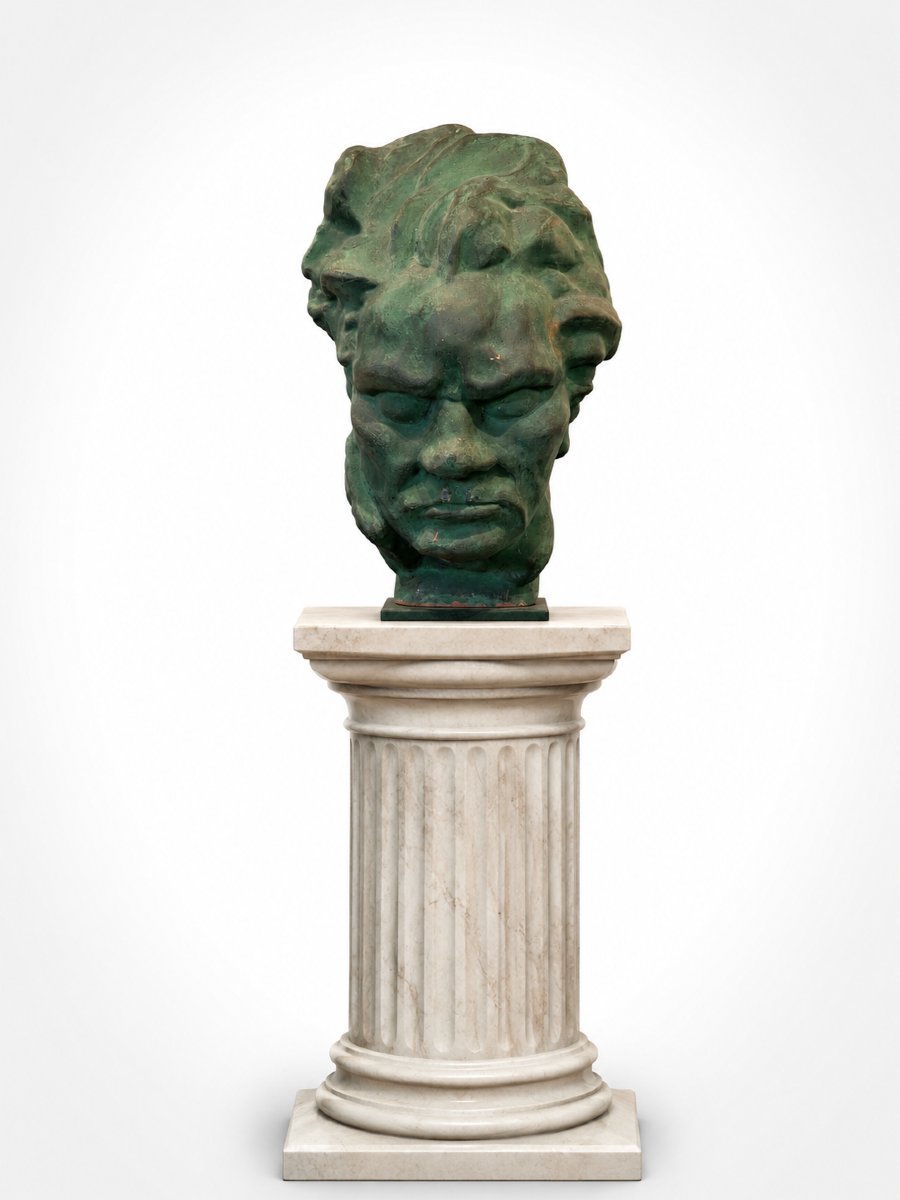Beethoven's Head - Art Deco Sculpture In Terracotta With Green Patina