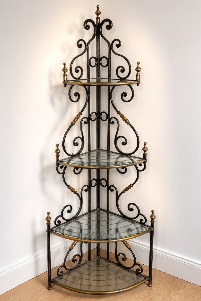 19th-century Bakery Corner Shelf Wrought Iron, Brass