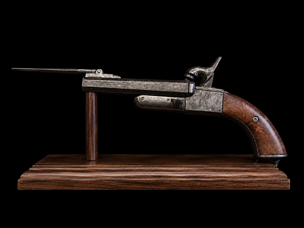 Pistolet de Veneur à broche, double canon juxtaposé avec baïonnette escamotable – XIXe siècle-photo-2