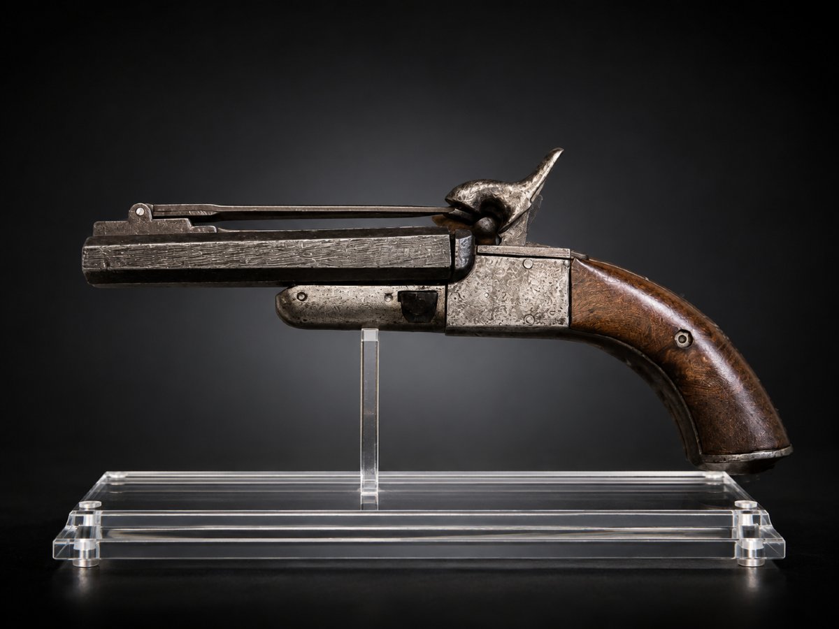 Pistolet de Veneur à broche, double canon juxtaposé avec baïonnette escamotable – XIXe siècle