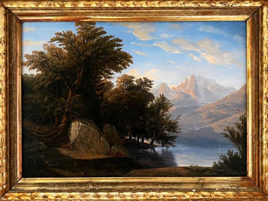 Huile sur carton – École anglaise, fin du XVIIIᵉ siècle (attribuée)  Paysage lacustre animé de -photo-4