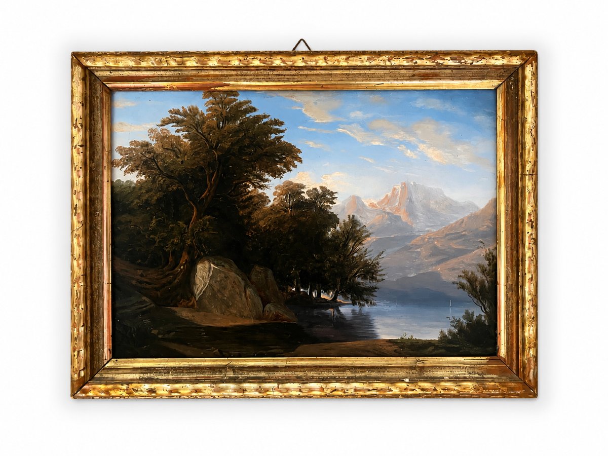 Huile sur carton – École anglaise, fin du XVIIIᵉ siècle (attribuée)  Paysage lacustre animé de 