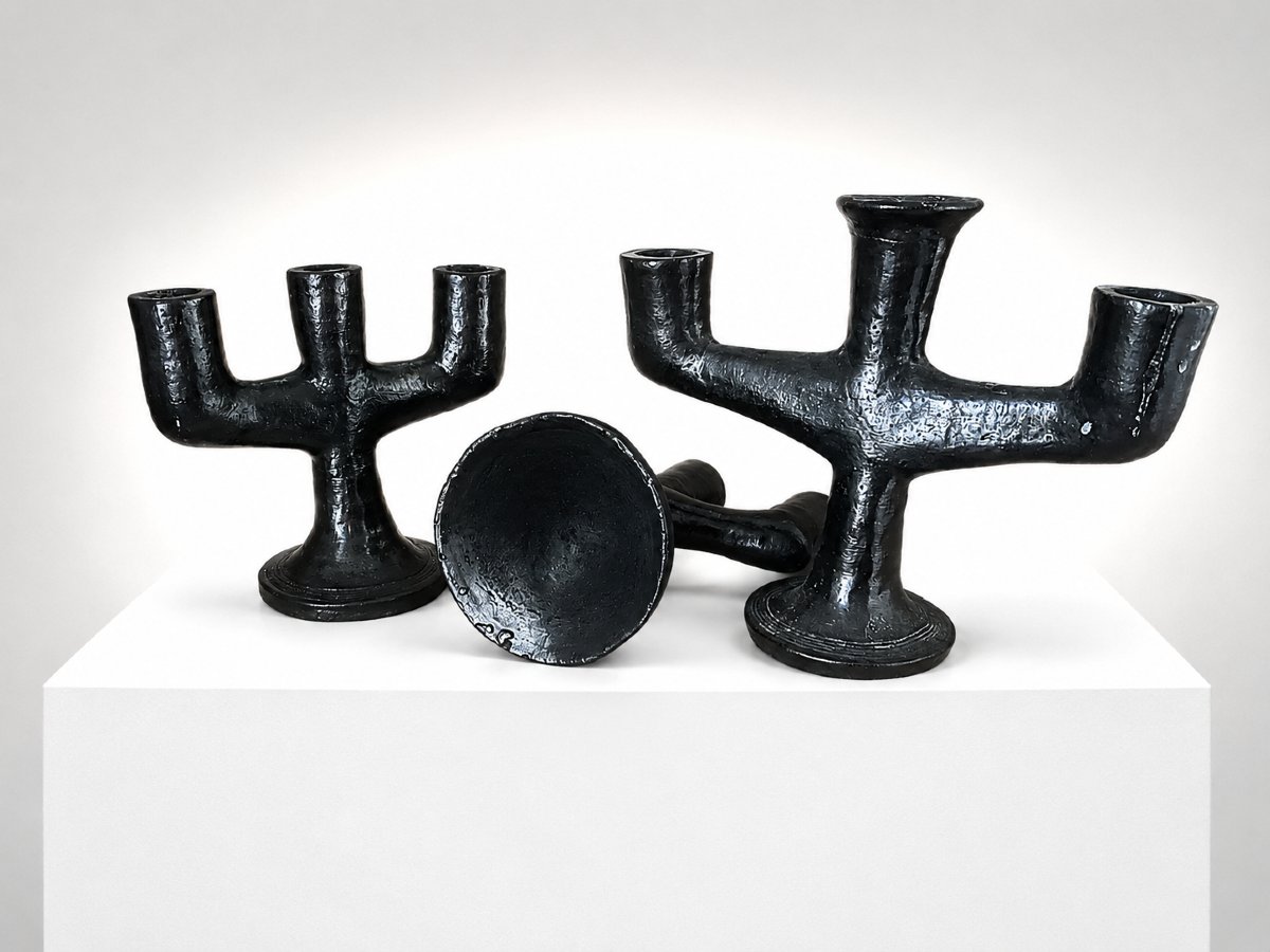 Set Of Three Sculptural Black-glazed Ceramic Candleholders – 1960s–1970s-photo-2