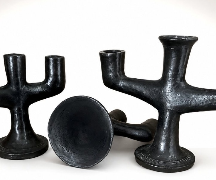 Set Of Three Sculptural Black-glazed Ceramic Candleholders – 1960s–1970s-photo-3