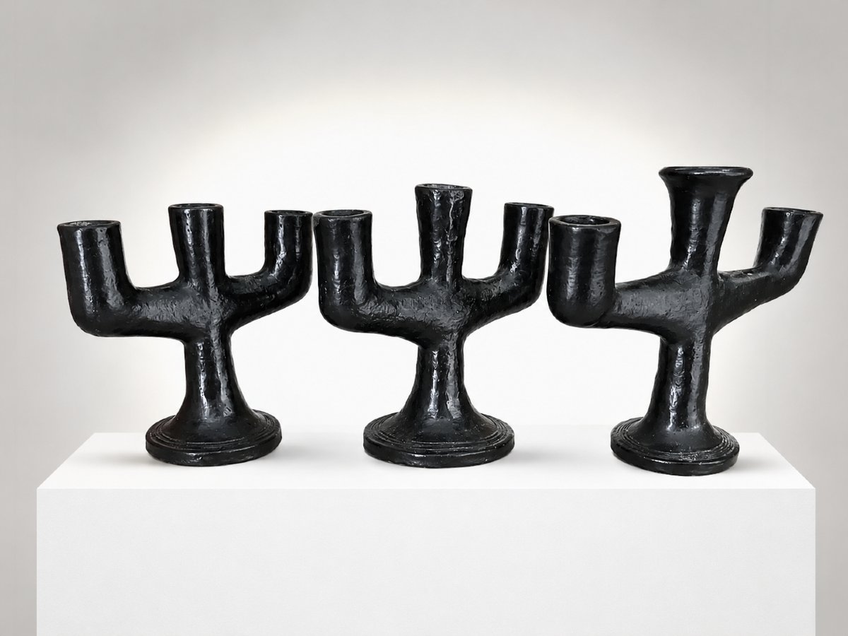 Set Of Three Sculptural Black-glazed Ceramic Candleholders – 1960s–1970s