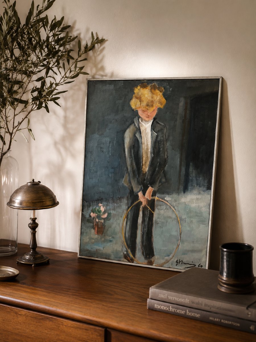 portrait d'enfant – Huile sur toile signée et datée 1960-photo-3