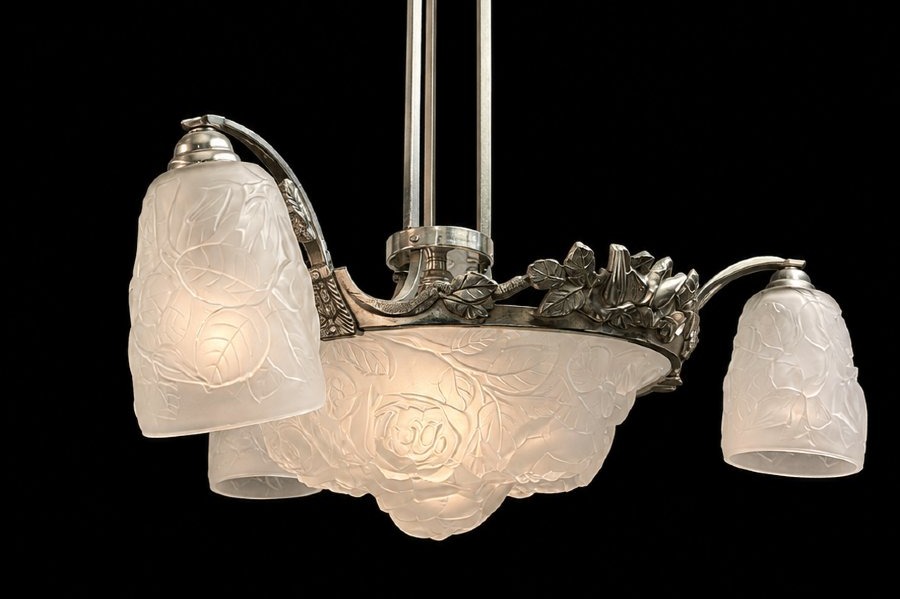 Lustre Art Déco en bronze argenté et verrerie pressée-moulée (vers 1930-1940)-photo-2