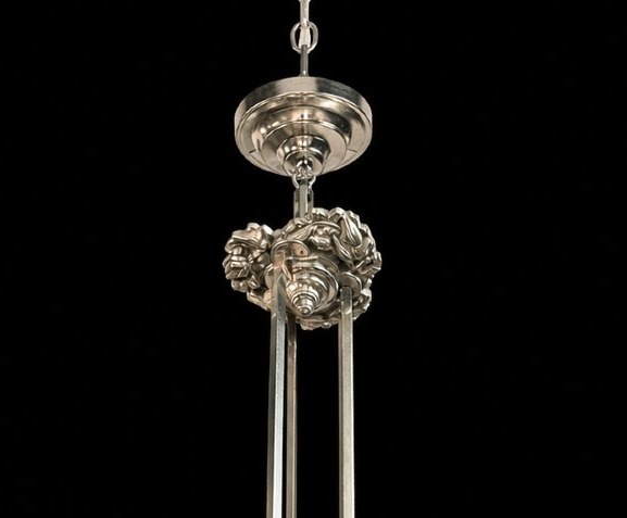 Lustre Art Déco en bronze argenté et verrerie pressée-moulée (vers 1930-1940)-photo-3