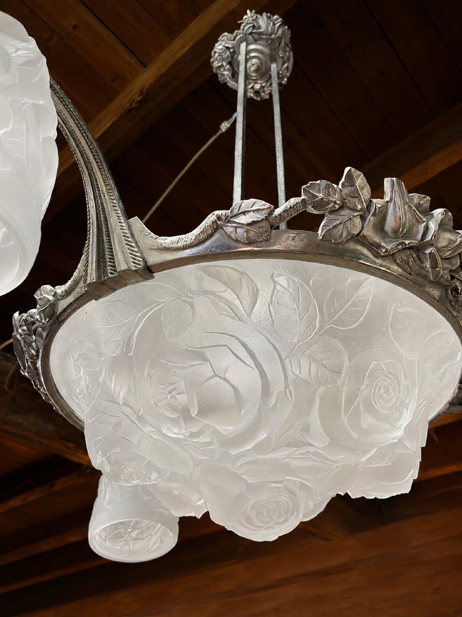 Lustre Art Déco en bronze argenté et verrerie pressée-moulée (vers 1930-1940)-photo-4