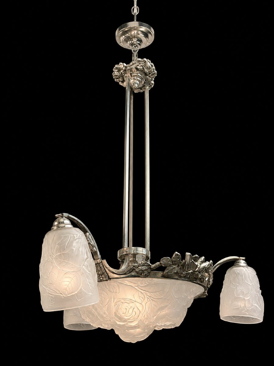 Lustre Art Déco en bronze argenté et verrerie pressée-moulée (vers 1930-1940)