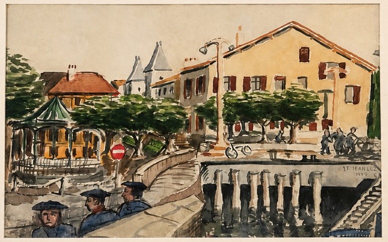 Aquarelle – Vue des Halles et du port de Saint-Jean-de-Luz – École basque, datée 1953-photo-2