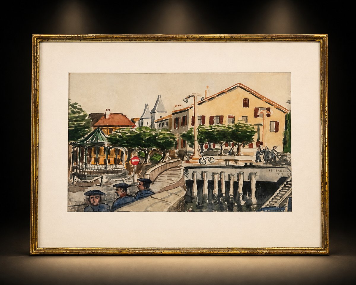 Aquarelle – Vue des Halles et du port de Saint-Jean-de-Luz – École basque, datée 1953