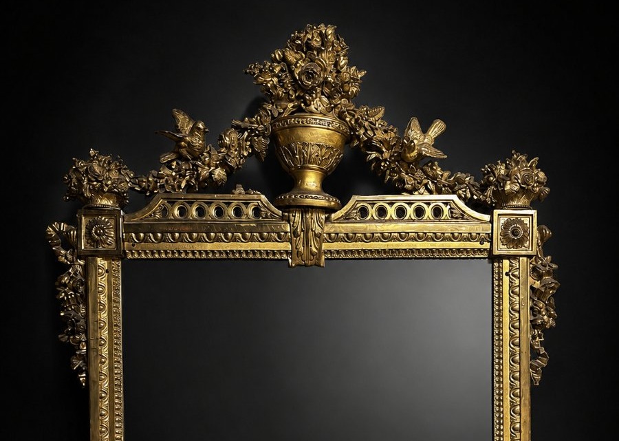 Miroir d'époque Louis XVI à décor d'urne, d'oiseaux et de guirlandes-photo-2