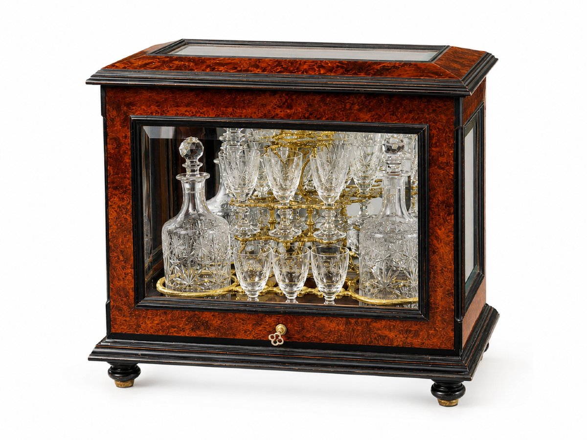 A Napoleon III-era Liquor Cabinet Made Of Burl Veneer, Crystal, And Gilded Bronze
