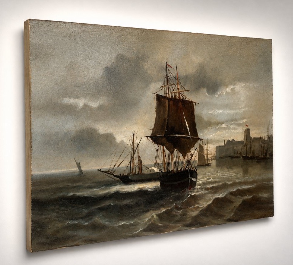 Marine au voilier huit sur panneau d'acajou — Première moitié du XIXe siècle-photo-2