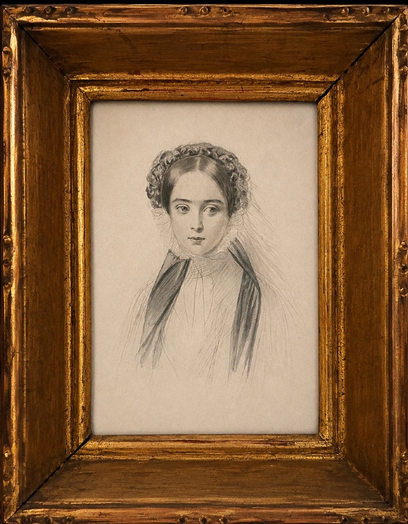 Portrait de jeune femme au voile — dessin du XIXe siècle-photo-2