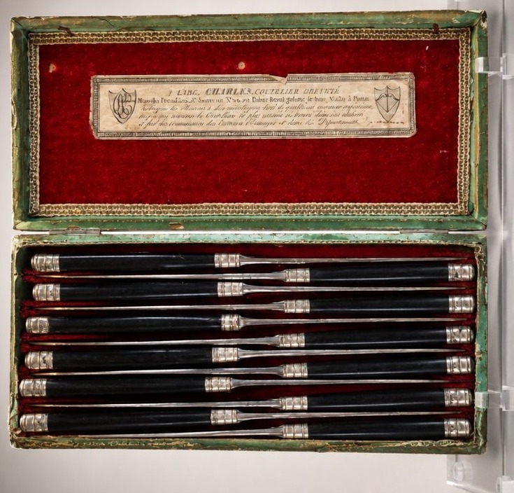 série de douze couteaux de table ou de dessert en ébène et argent — Maison Charles, Paris