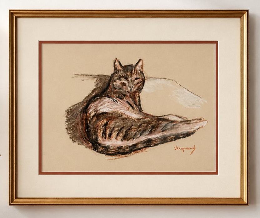 Animal Pastel – Reclining Cat, Signed Vergnaud, Circa 1950-photo-3