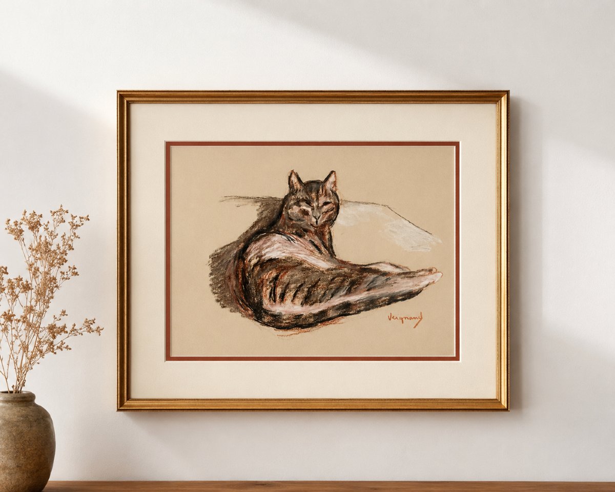 Animal Pastel – Reclining Cat, Signed Vergnaud, Circa 1950