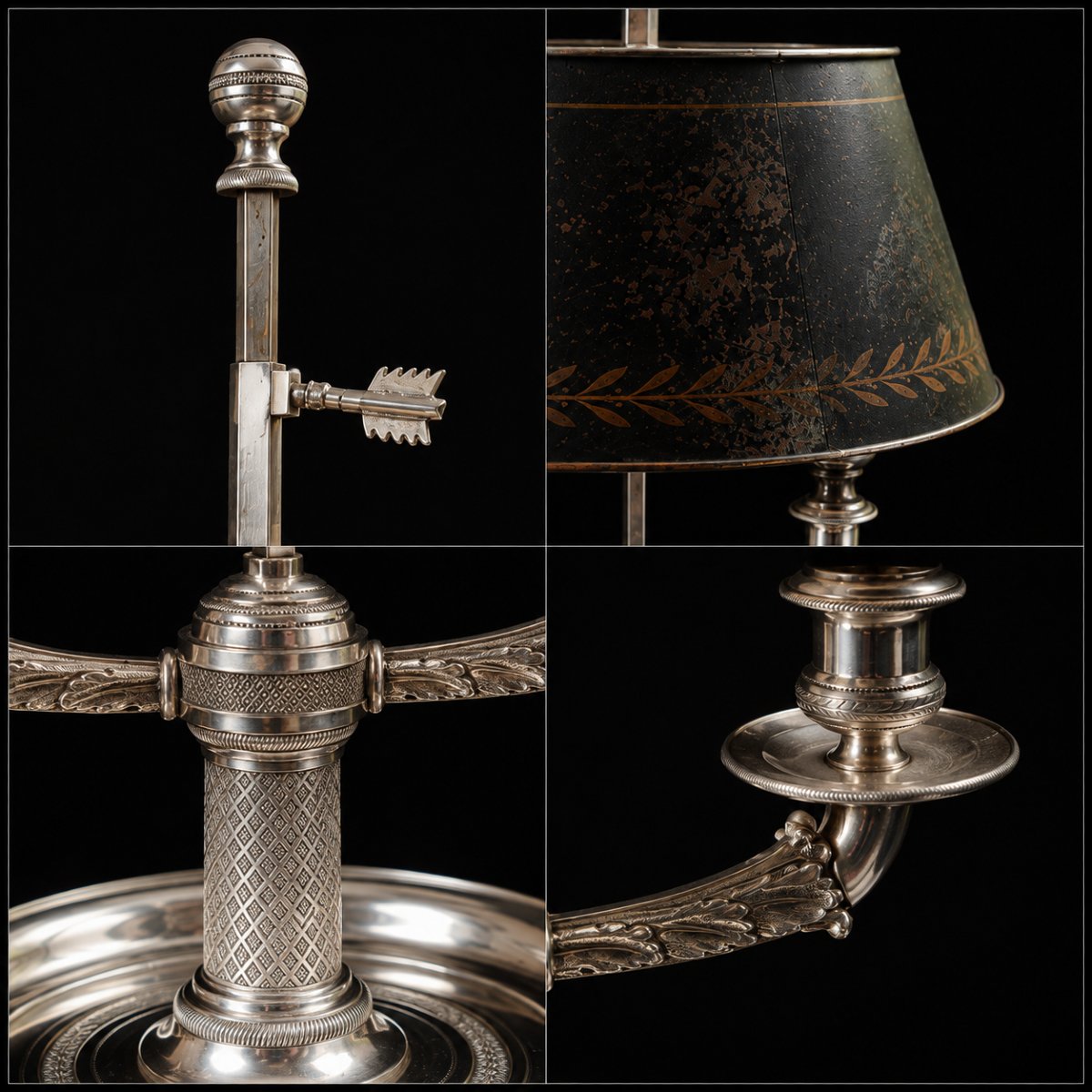 Lampe bouillotte en bronze argenté et tôle peinte — Époque Empire-photo-2