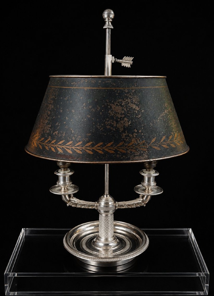Lampe bouillotte en bronze argenté et tôle peinte — Époque Empire
