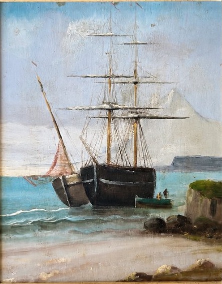 Small Seascape With A Sailing Ship — Oil On Panel, Late 19th Century-photo-2