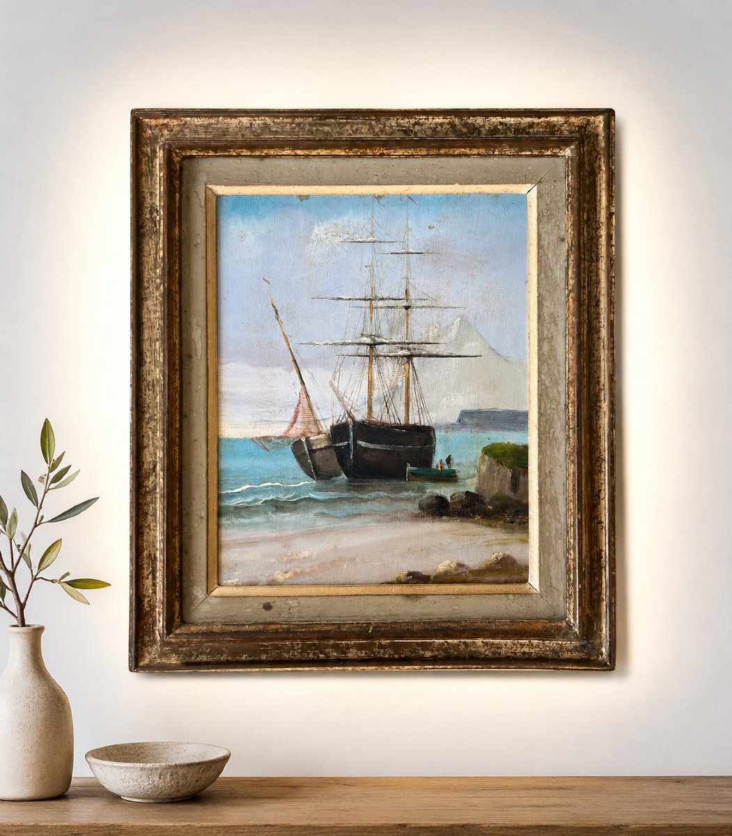 Small Seascape With A Sailing Ship — Oil On Panel, Late 19th Century