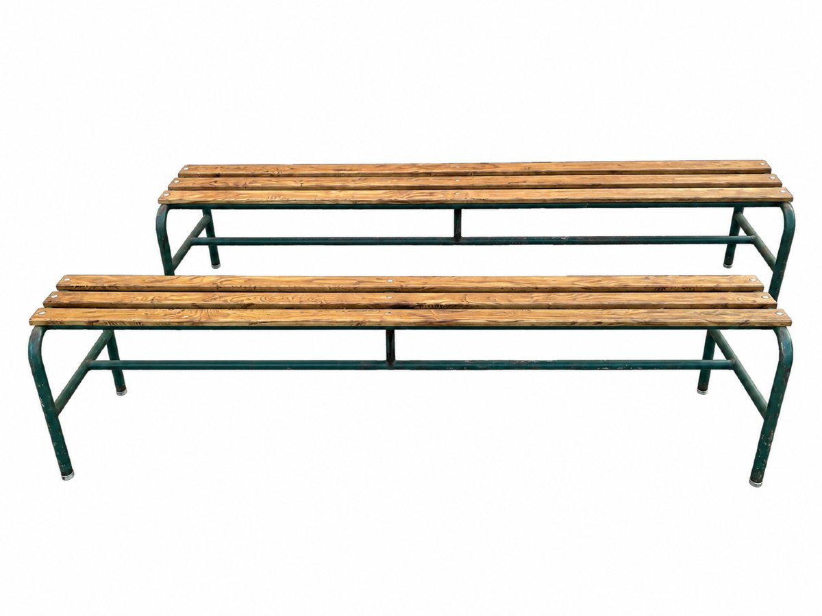 Paire de bancs d’école en acier tubulaire et chêne massif — France, années 1950-photo-4