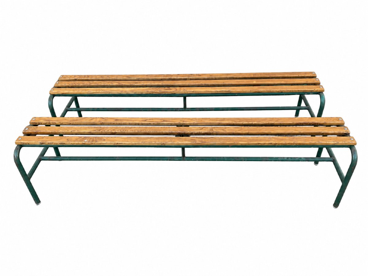 Paire de bancs d’école en acier tubulaire et chêne massif — France, années 1950