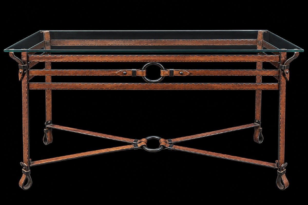  console vintage des années 1970, en fer patiné façon cuir et plateau de verre — 
