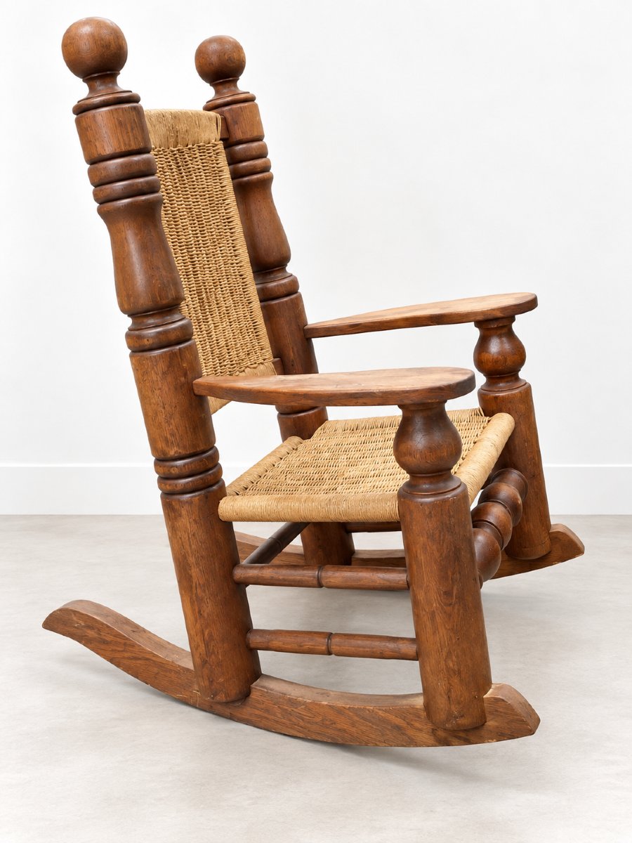North American Rocking Chair Made Of Solid Oak And Braided Rope — 1960s