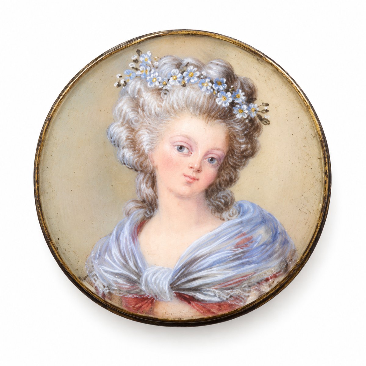 Miniature sur carton – Portrait d’une jeune femme aux fleurs, fin du XVIIIᵉ siècle  -photo-3