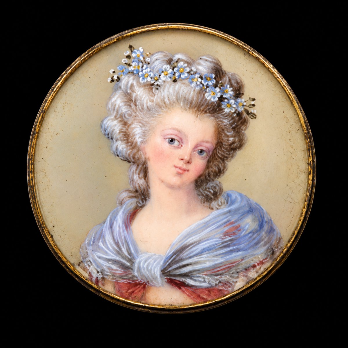 Miniature sur carton – Portrait d’une jeune femme aux fleurs, fin du XVIIIᵉ siècle  