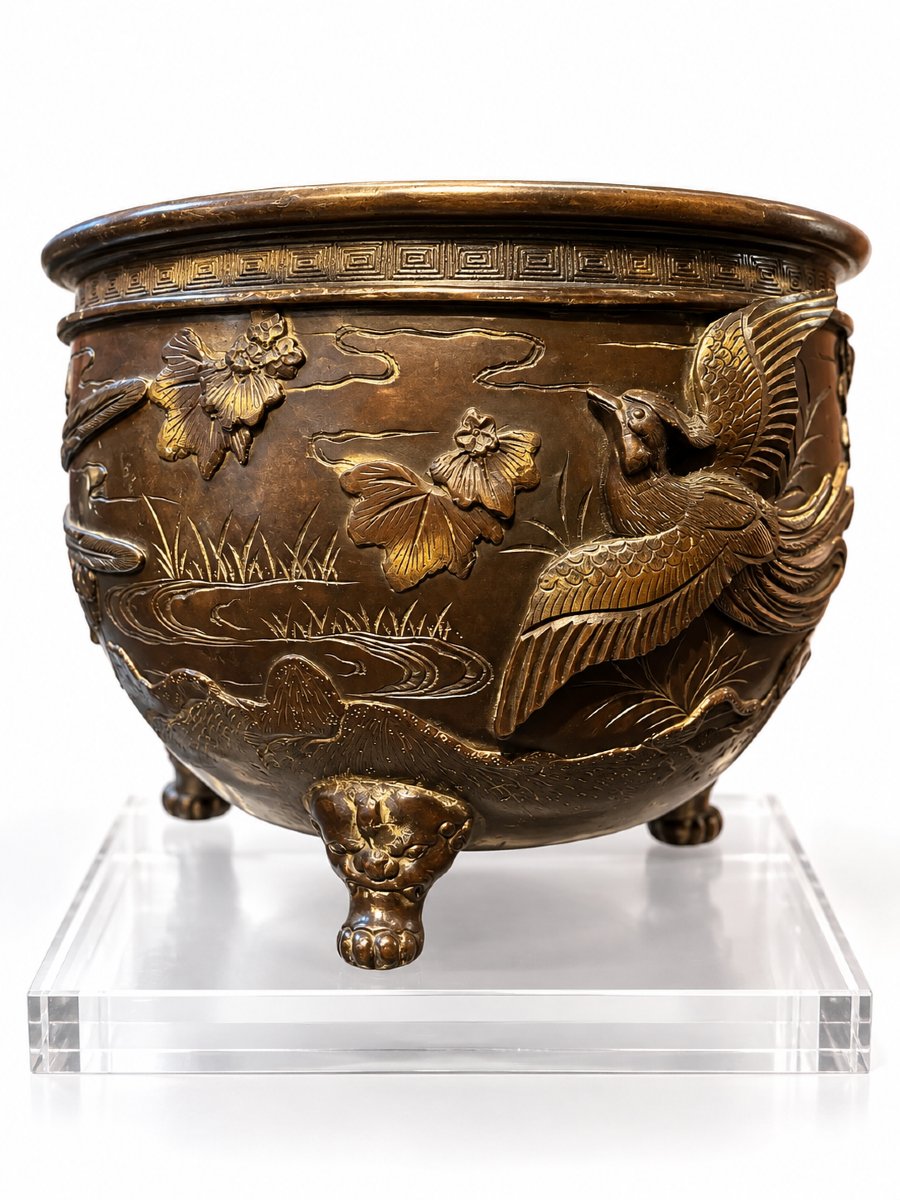 Japanese Bronze Planter With Naturalistic Relief Decoration, Meiji Period, Late 19th Century