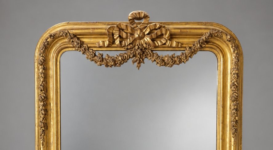 miroir à guirlandes et nœud sculptés, bois et stuc doré, vers 1860-photo-3