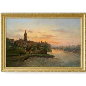 Grand View Of Florence At Sunset – Oil On Canvas, Signed – Early 20th Century