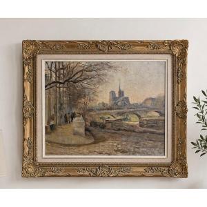 Vue De Notre-dame Sous La Brume, Paris, 1920 Oil On Canvas Signed Hentong, école De Paris