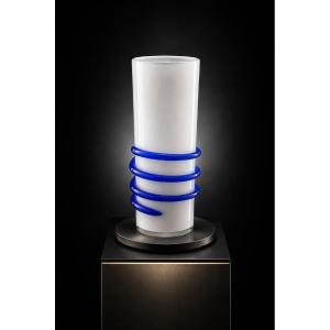 White Opaline Glass Vase With A Blue Spiral, Probably Murano, Circa 1950–1960
