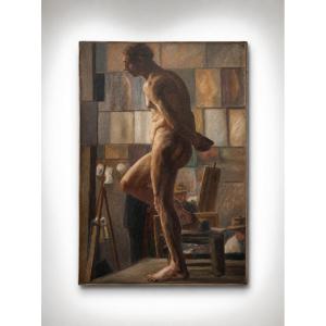 Academic Portrait Of A Nude Man In The Studio – French School, Late 19th Century