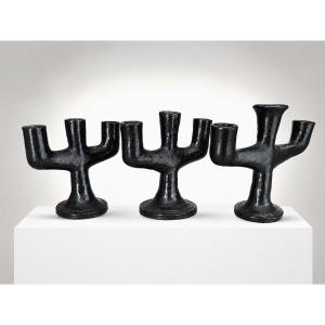 Set Of Three Sculptural Black-glazed Ceramic Candleholders – 1960s–1970s