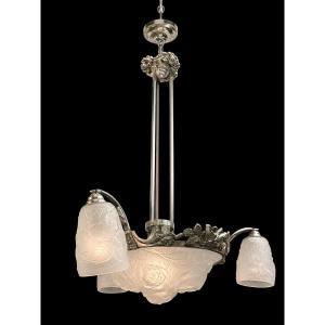 Art Deco Chandelier In Silver-plated Bronze And Pressed-molded Glass (circa 1930–1940)